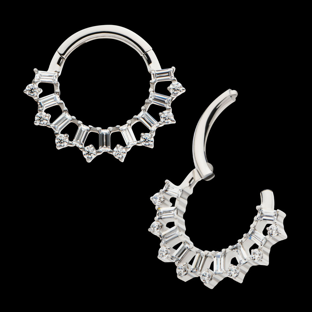 Clustered Prong Set Round & Baguette CZ Front Facing Hinged Segment Clicker Hoop Earring / Nosering – Titanium