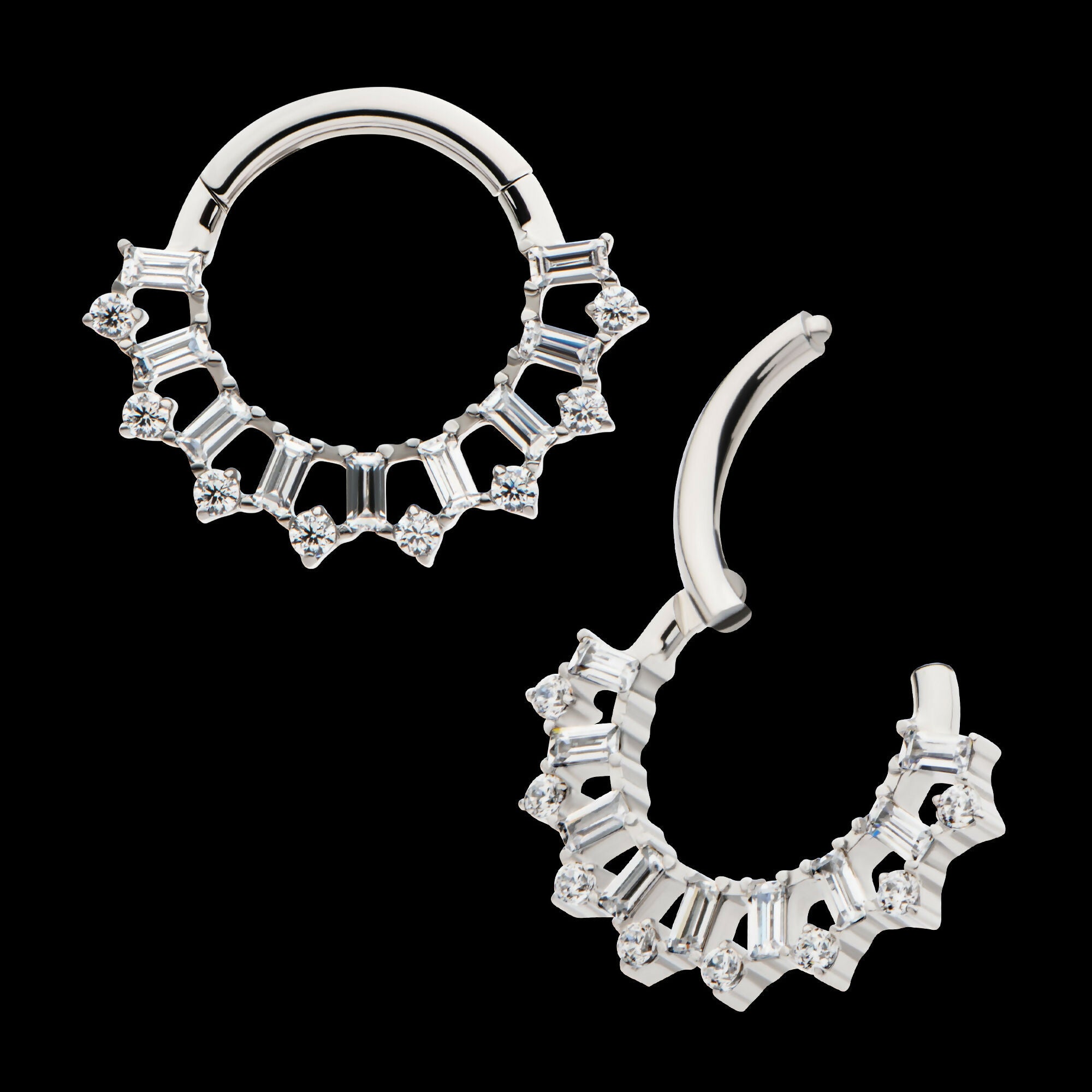 Clustered Prong Set Round & Baguette CZ Front Facing Hinged Segment Clicker Hoop Earring / Nosering – Titanium