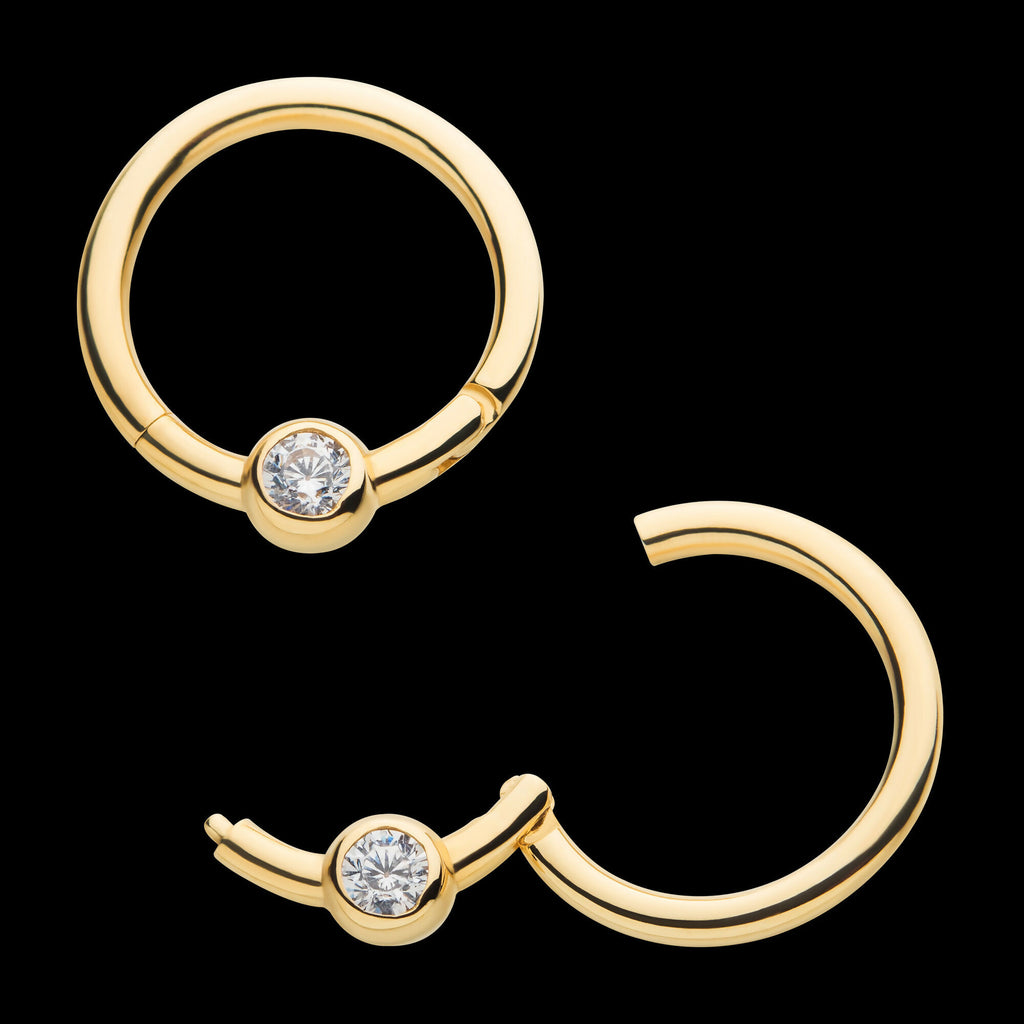 Bezel Set Clear CZ Front Facing Hinged Segment Clicker Hoop Earring / Nosering – 14Kt Yellow Gold