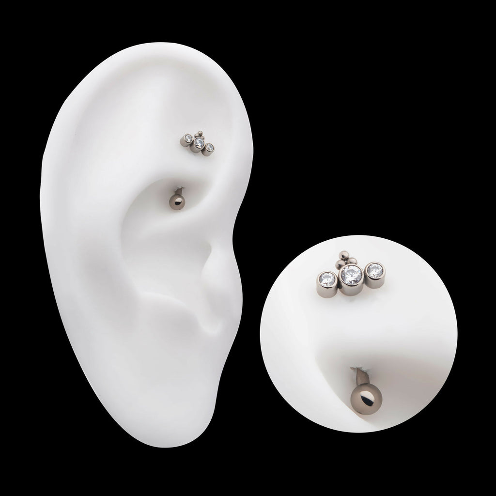 Internally Threaded with Tri Bead & 3-Cluster Bezel Set Clear AAA CZ Fixed Top Curved Barbell Earring / Nosering – Titanium