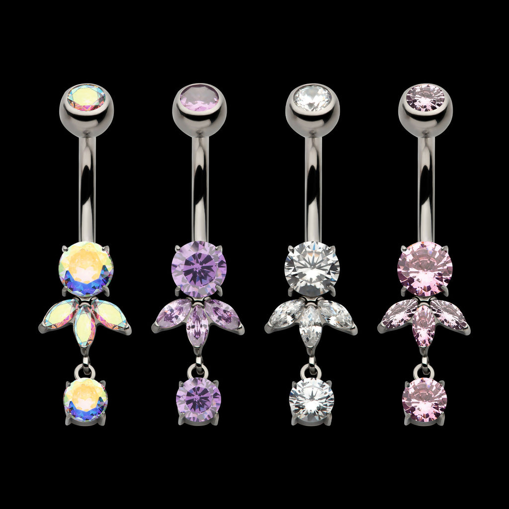 Internally Threaded Prong Set Round and Triple Marquise Gem Fan Navel with Round Gem Dangle Earring / Nosering – Titanium