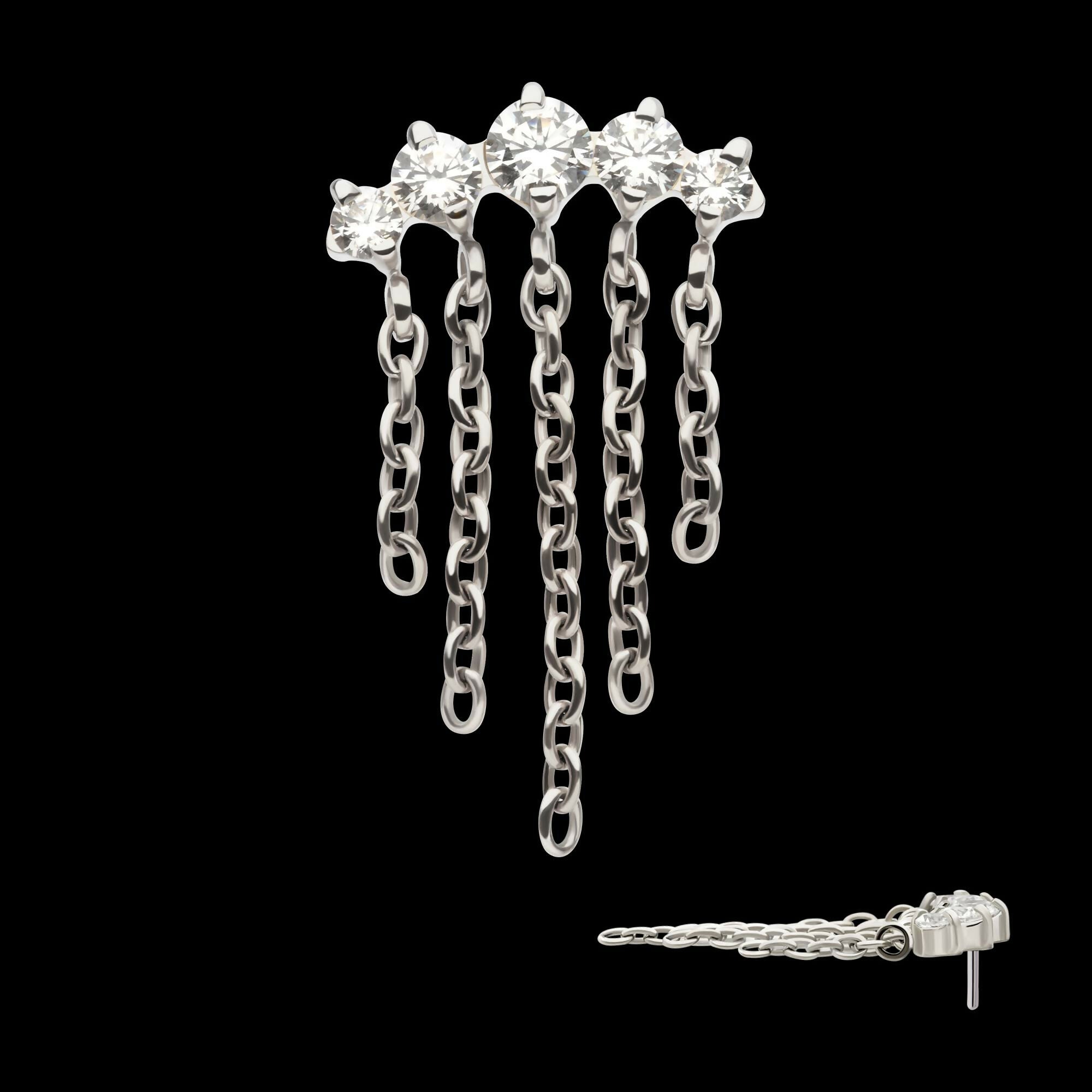 Titanium Threadless 5-Cluster Round AAA CZ Top with 5 Dangle Chains