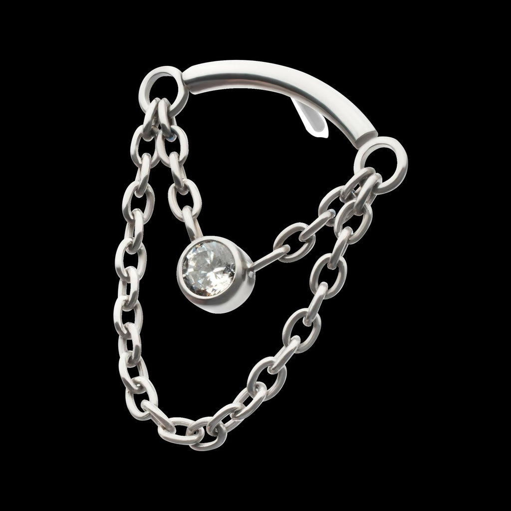 Titanium Threadless 2-Tier Dangle Chain Curved Bar Top with Bezel Round CZ