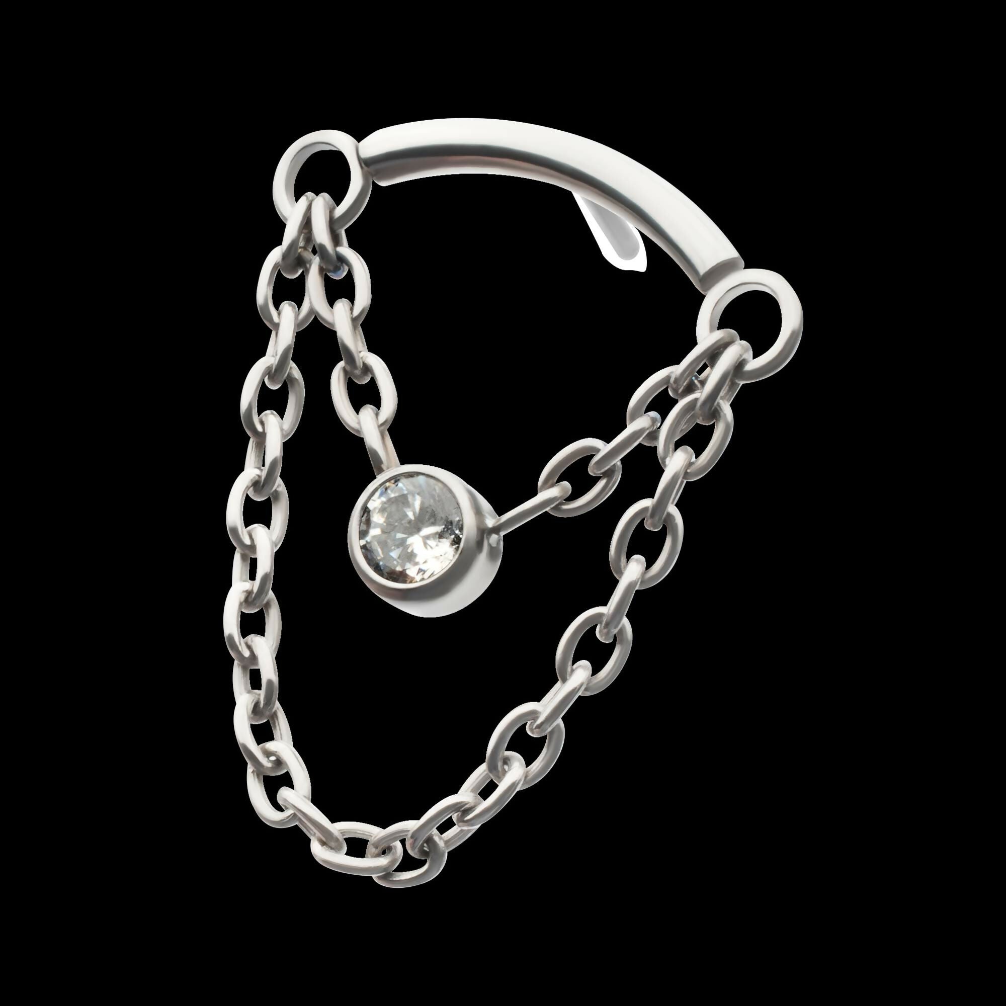 Titanium Threadless 2-Tier Dangle Chain Curved Bar Top with Bezel Round CZ