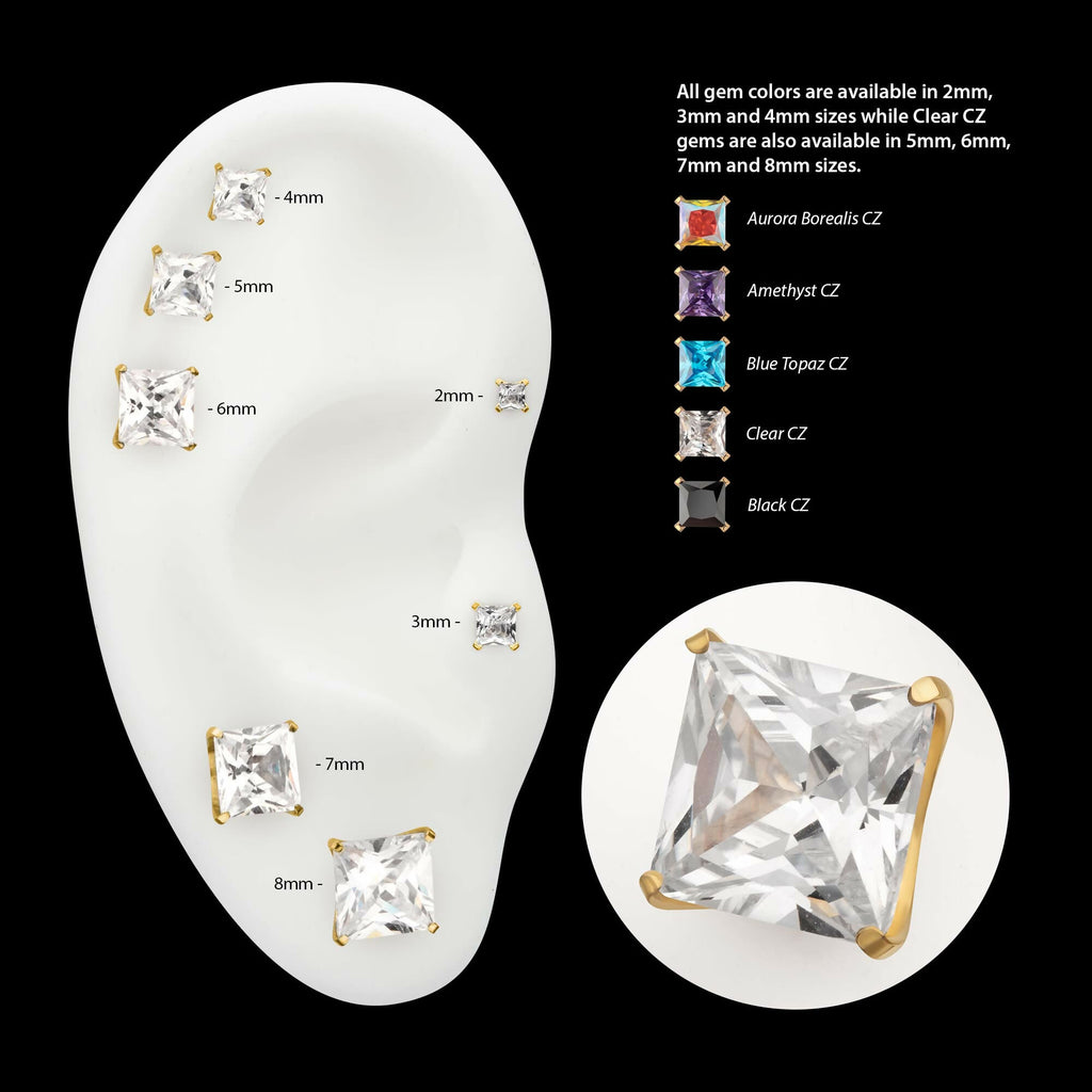 24Kt Gold PVD Titanium Threadless 4 Prong Princess Cut Gem Top