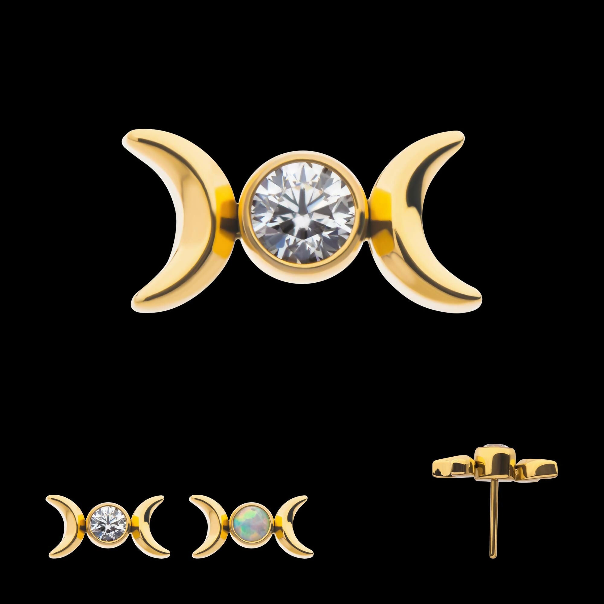 Titanium Threadless Bezel Set Round Gem/Opal Triple Moon Phase Top