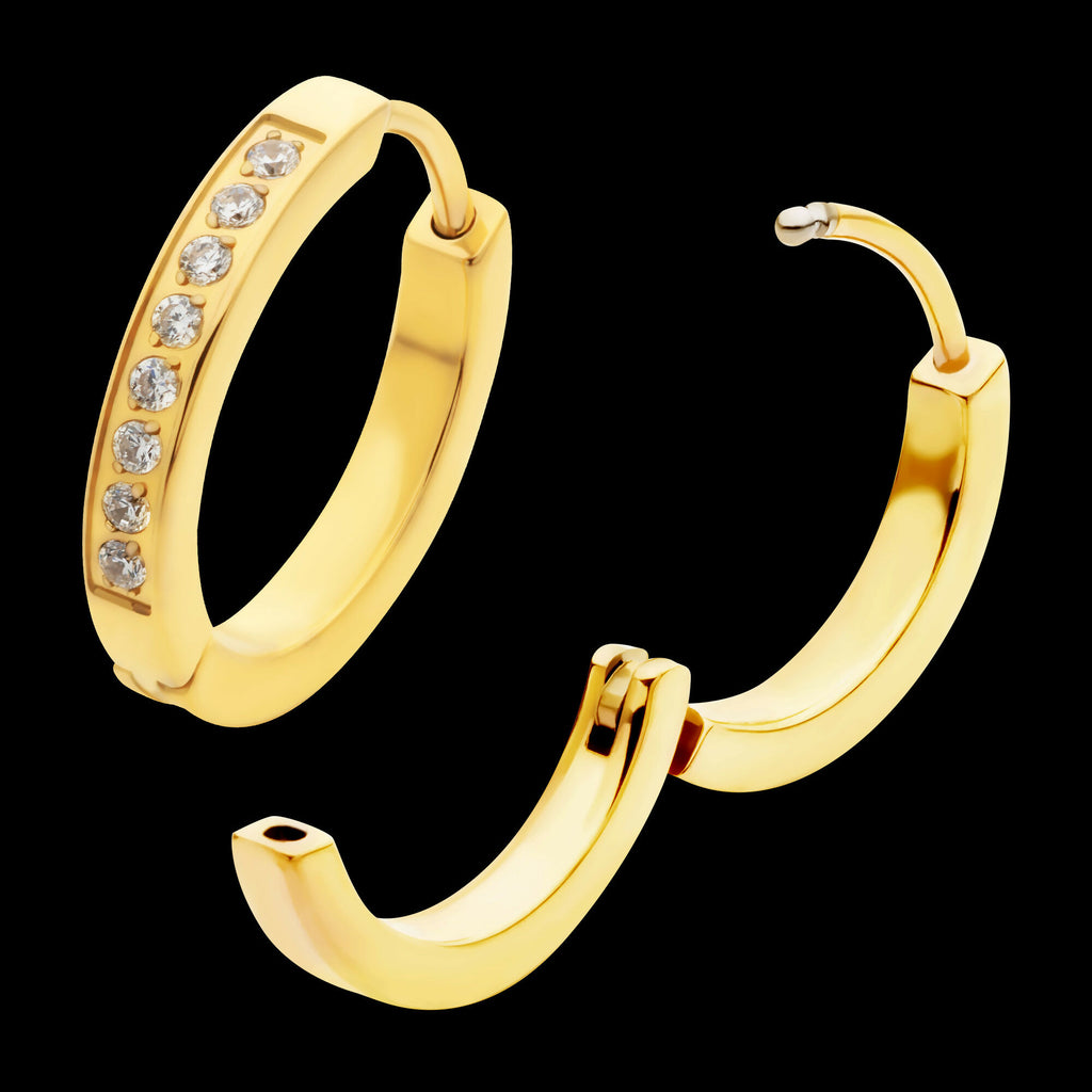 20g 24Kt Gold PVD Titanium Clear CZ Hinged Huggie Earrings