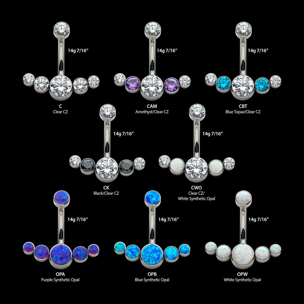 Internally Threaded with 5 Bezel Set CZ/Synthetic Opal Cluster Fixed Navel Earring / Nosering – Titanium