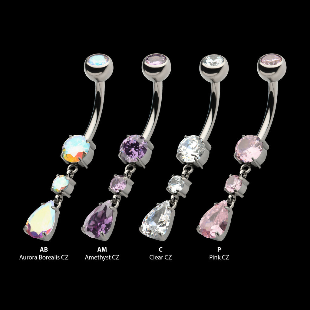 Internally Threaded Double Dangle Prong Set Round and Teadrop Gem Navel Earring / Nosering – Titanium