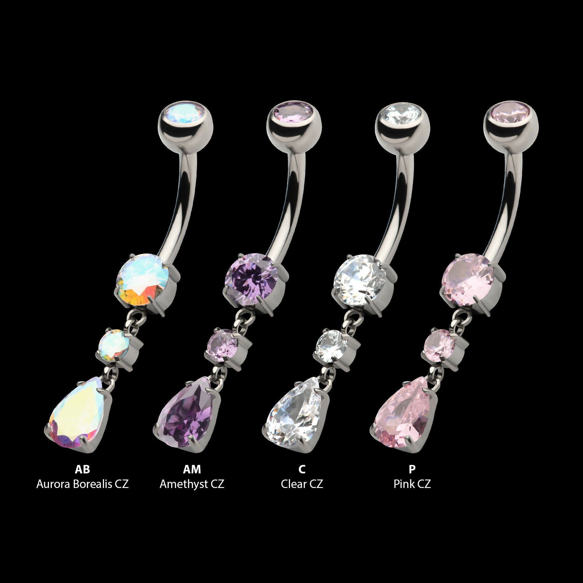Internally Threaded Double Dangle Prong Set Round and Teadrop Gem Navel Earring / Nosering – Titanium