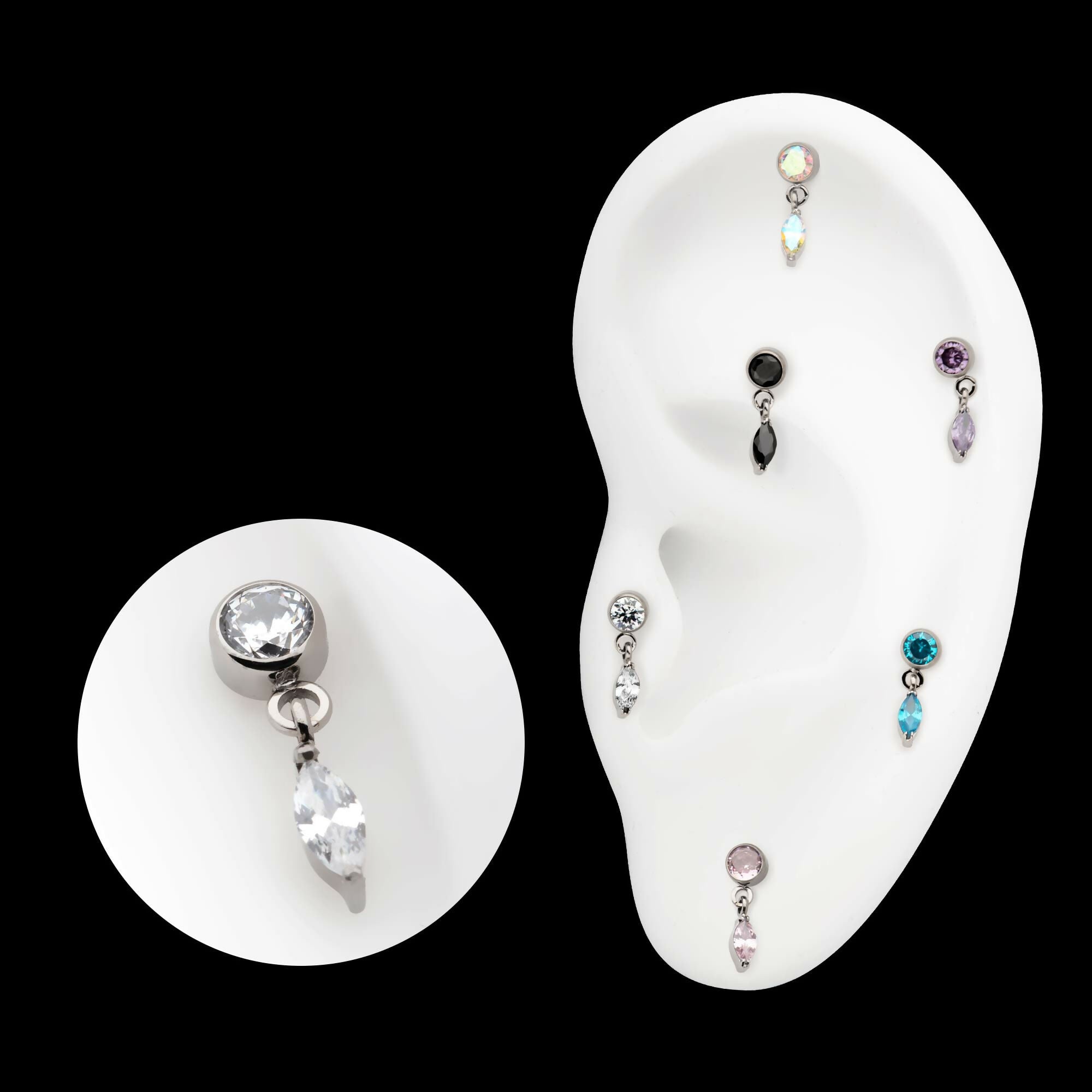 Titanium Threadless Bezel Gem Top with Marquise Dangle