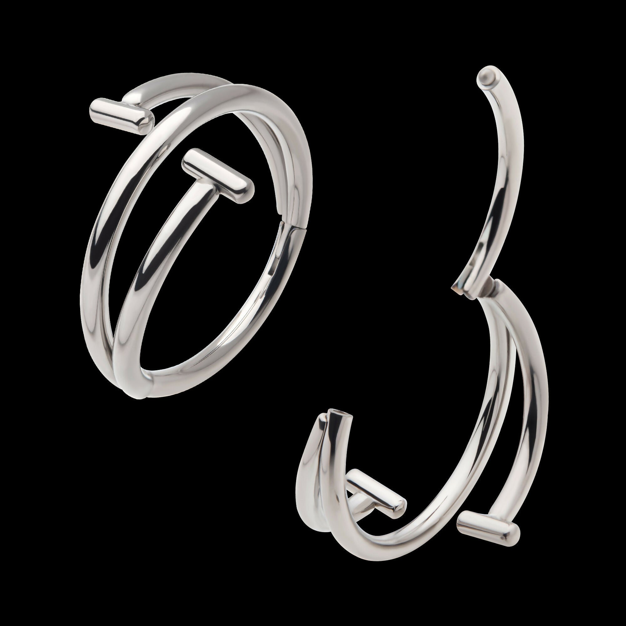 Double Ended Twist Side Facing Hinged Segment Clicker with T-Bar Hoop Earring / Nosering – Titanium