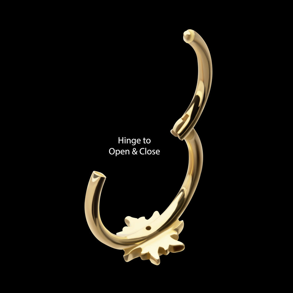 Prong Set Round Gem Cluster & Triple Moon Phase Front Facing Hinged Segment Clicker Hoop Earring / Nosering – 14Kt Yellow Gold