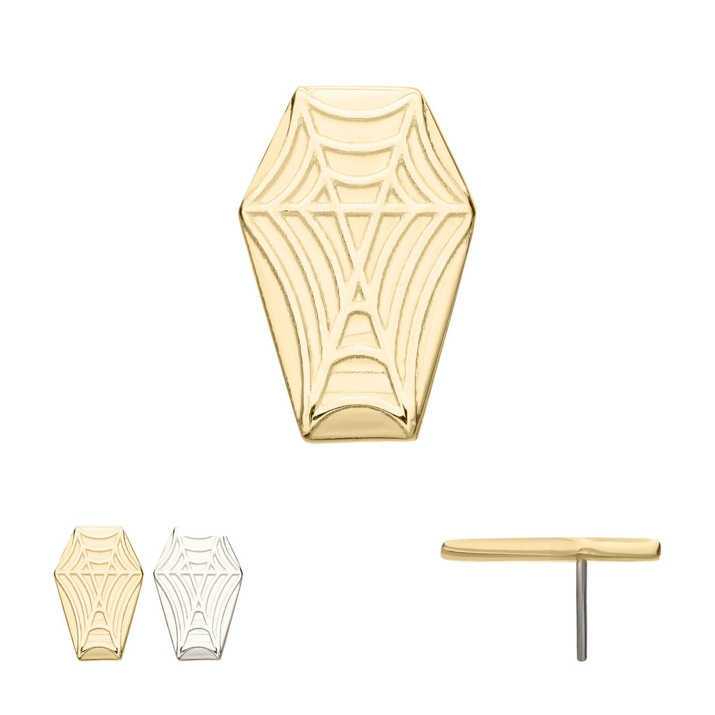Coffin with Carved Spiderweb Flatback Stud Earring / Nosering - 14Kt Gold