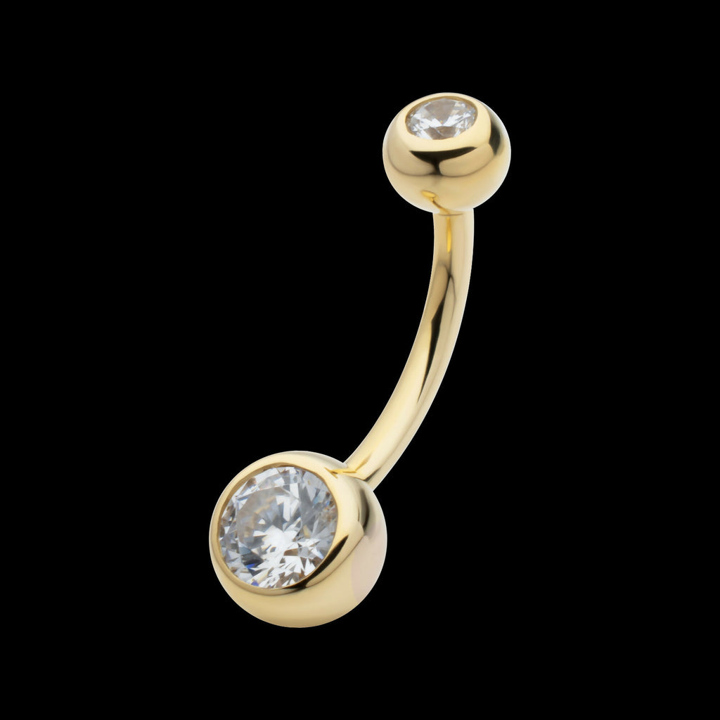 Internally Threaded Double Round Bezel Clear CZ Fixed Bottom Navel Earring / Nosering – 14Kt Gold