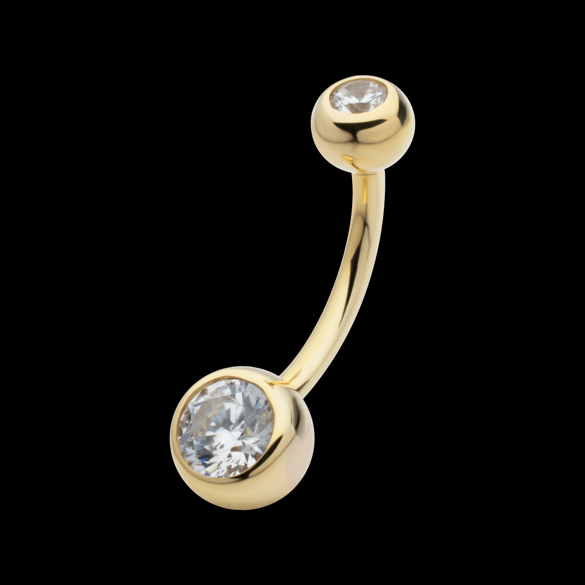Internally Threaded Double Round Bezel Clear CZ Fixed Bottom Navel Earring / Nosering – 14Kt Gold