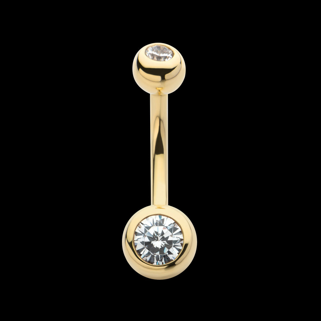 Double Bezel Clear CZ Internally Threaded Top with Fixed Bottom Navel Earring / Nosering – 14Kt Yellow Gold