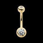 Double Bezel Clear CZ Internally Threaded Top with Fixed Bottom Navel Earring / Nosering – 14Kt Yellow Gold
