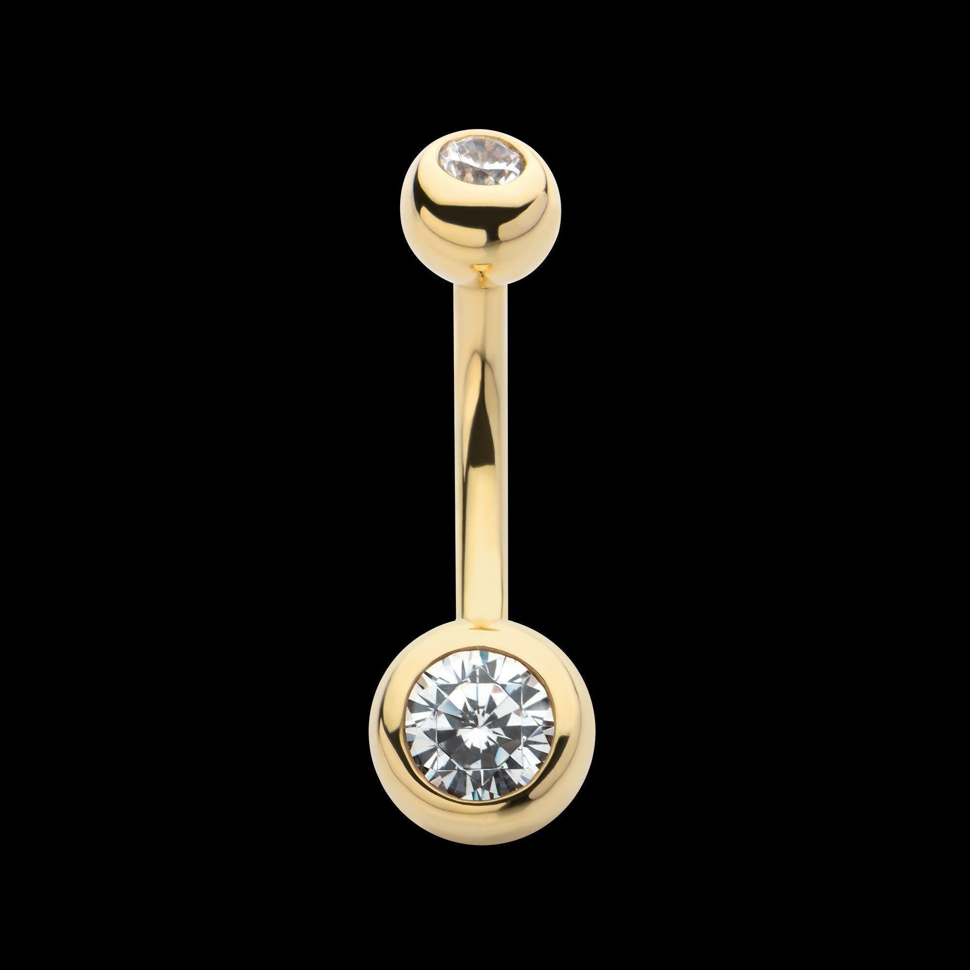 Double Bezel Clear CZ Internally Threaded Top with Fixed Bottom Navel Earring / Nosering – 14Kt Yellow Gold