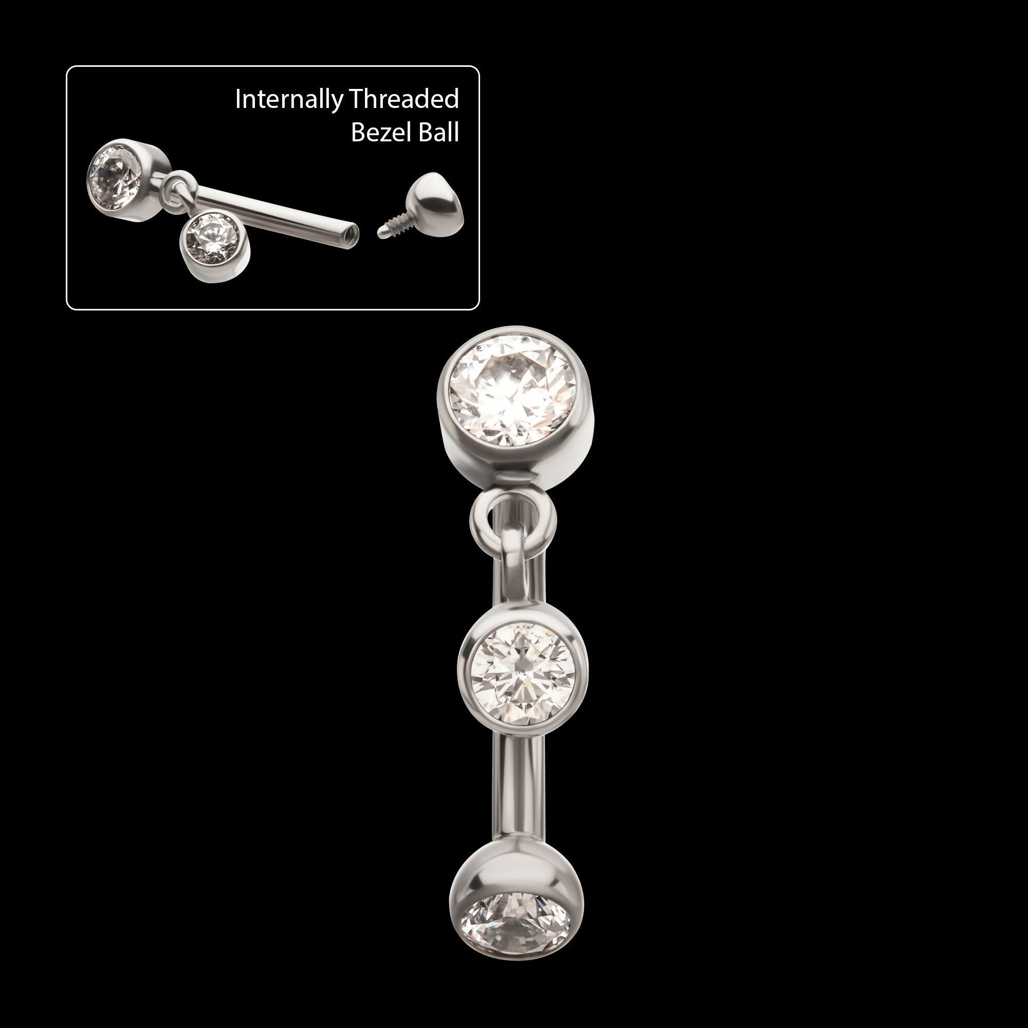 Internally Threaded Bezel Gem Fixed Top Curved Barbell with Floating Round CZ Dangle Earring / Nosering – Titanium