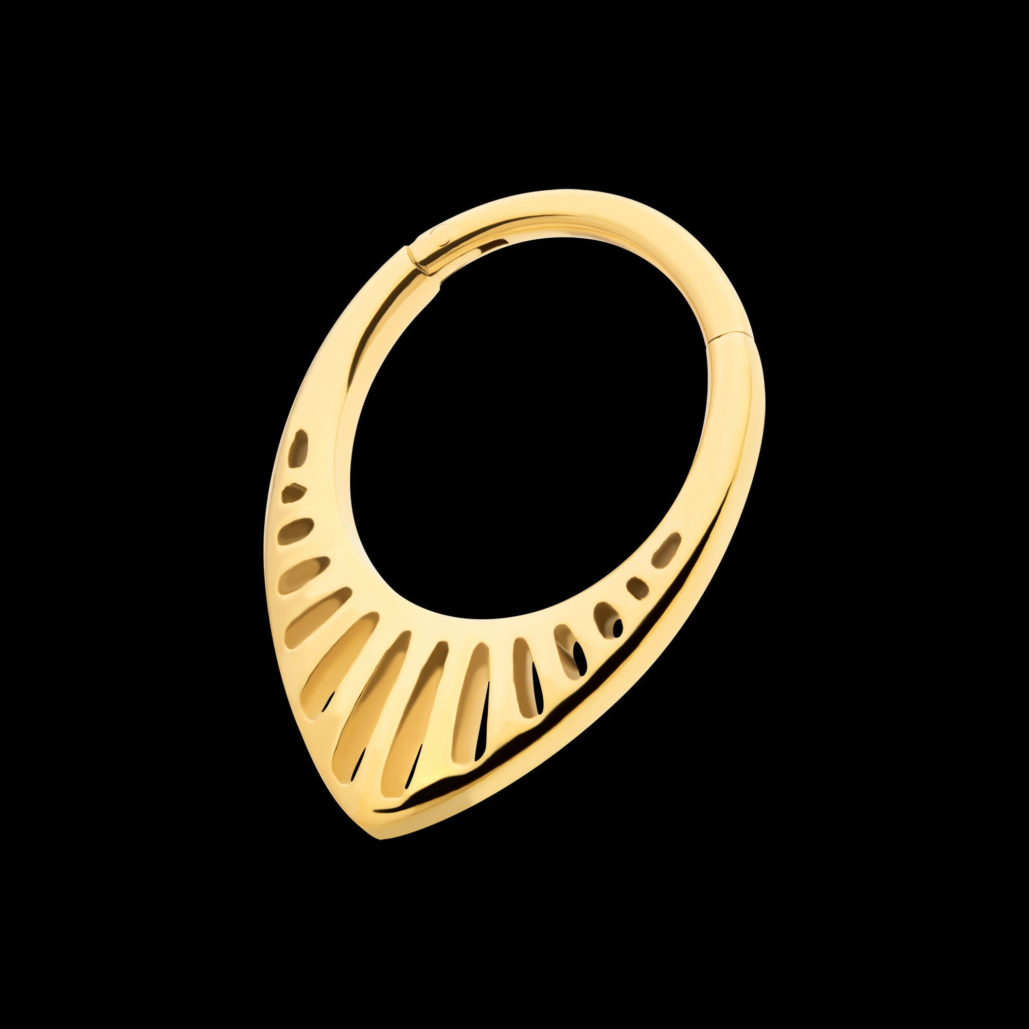 24Kt Gold PVD Titanium Linear Outline Teardrop Shape Front Facing Hinged Segment Clicker Hoop Earring / Nosering
