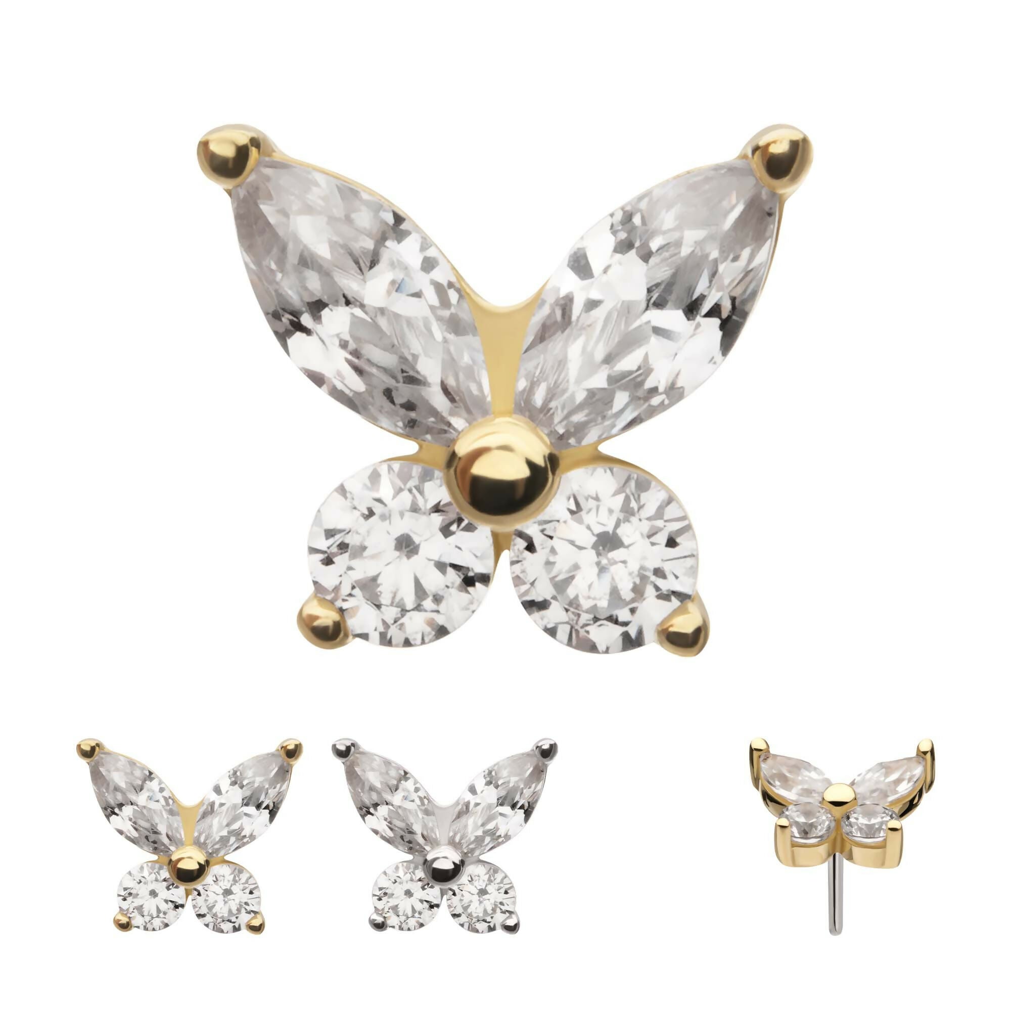 Butterfly with Prong Set Round & Marquise Gem Flatback Stud Earring / Nosering - Gem in 14Kt Gold