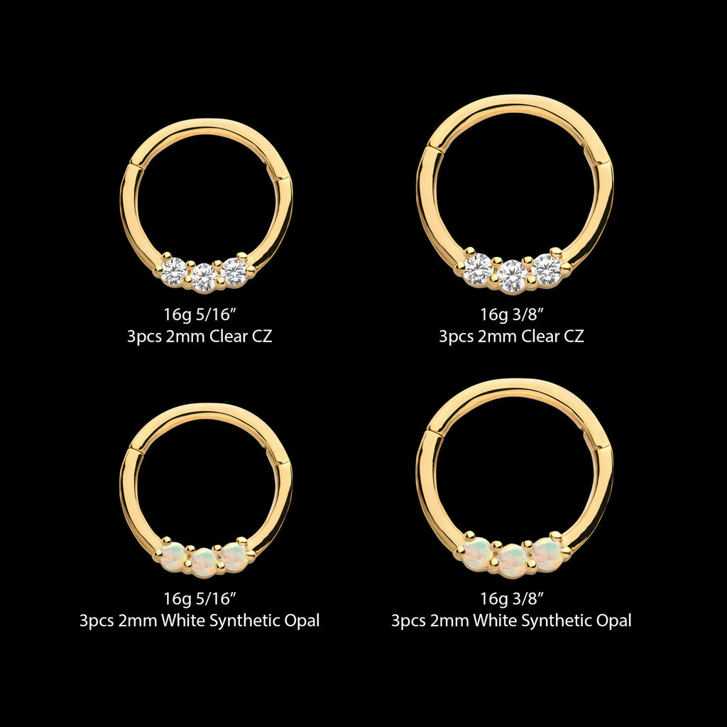 Prong Set Clear CZ/White Synthetic Opal 3-Cluster Front Facing Hinged Segment Clicker Hoop Earring / Nosering – 14Kt Yellow Gold