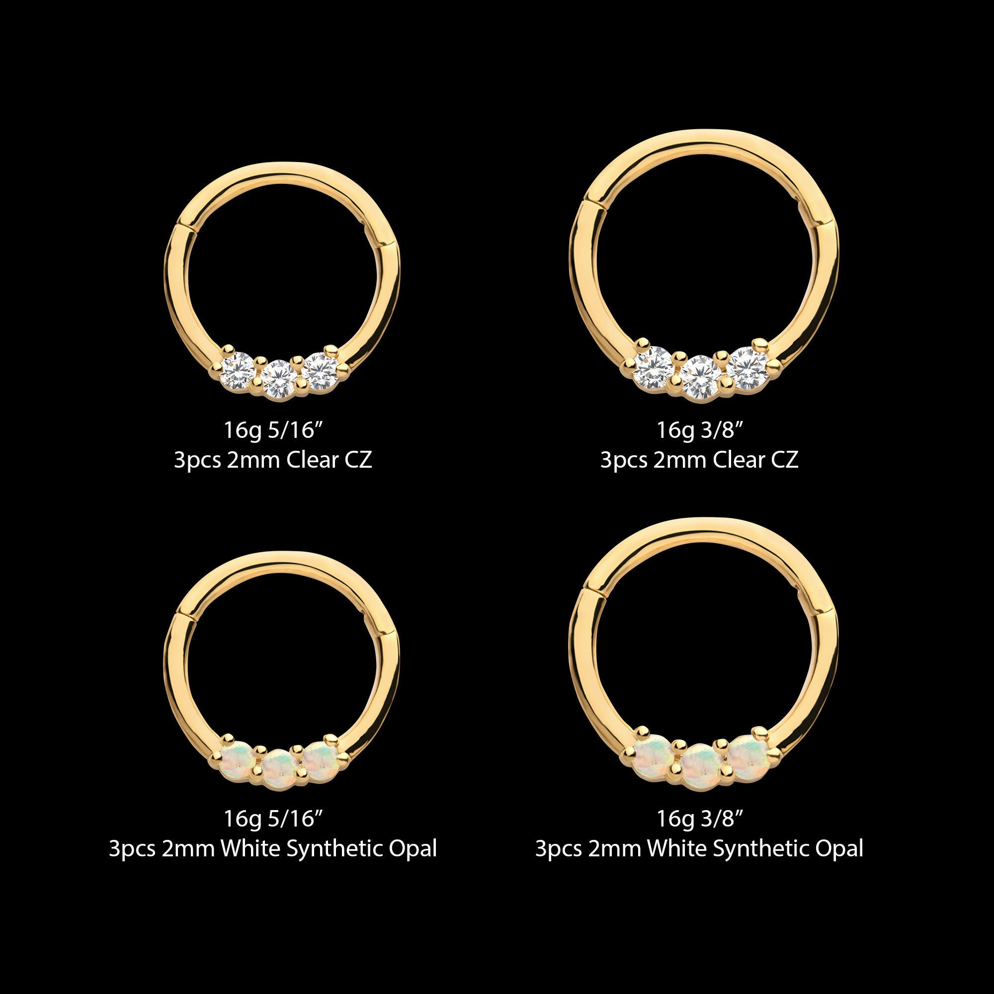 Prong Set Clear CZ/White Synthetic Opal 3-Cluster Front Facing Hinged Segment Clicker Hoop Earring / Nosering – 14Kt Yellow Gold