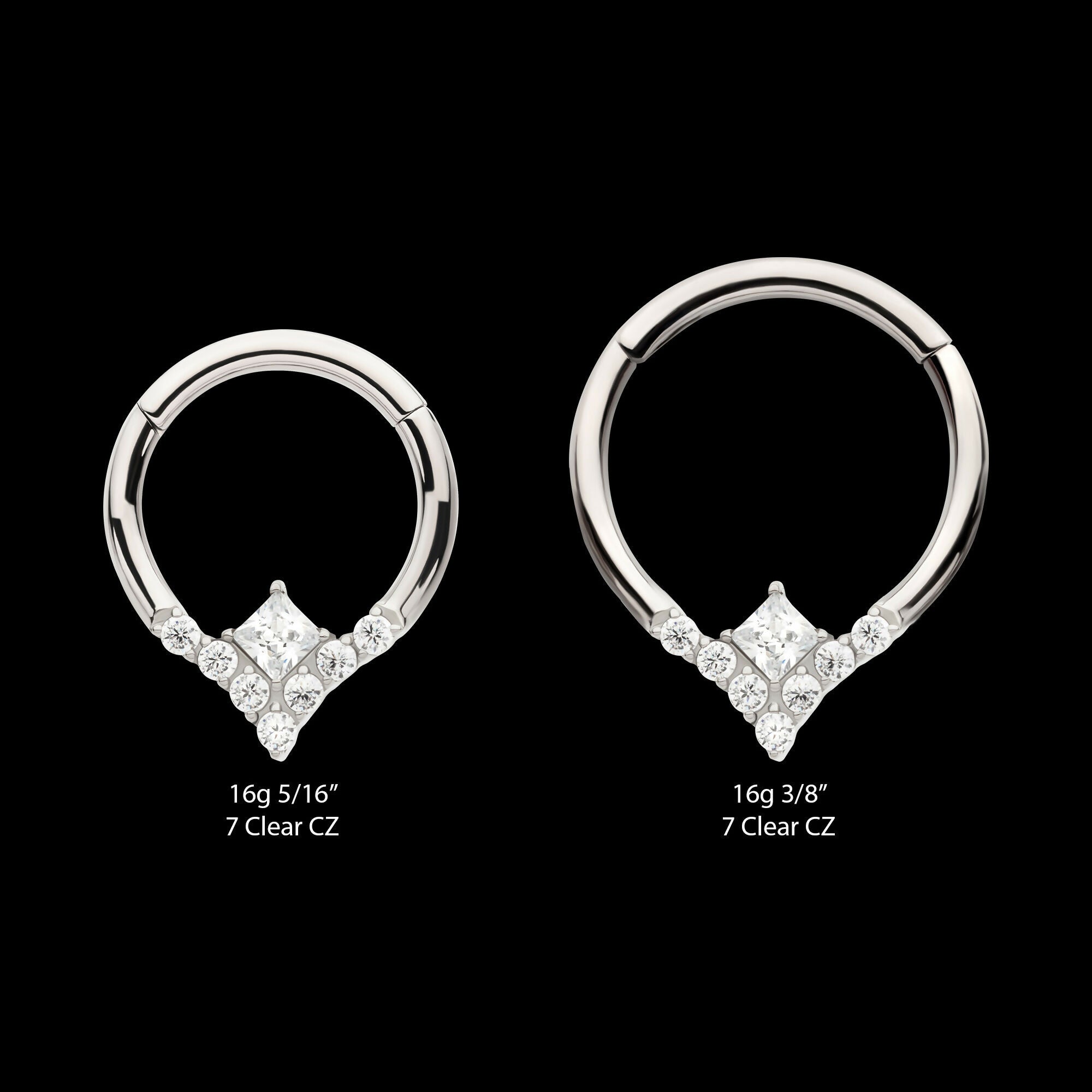 Clustered Prong Set Round CZ with Center Princess Gem Front Facing Hinged Segment Clicker Hoop Earring / Nosering – Titanium