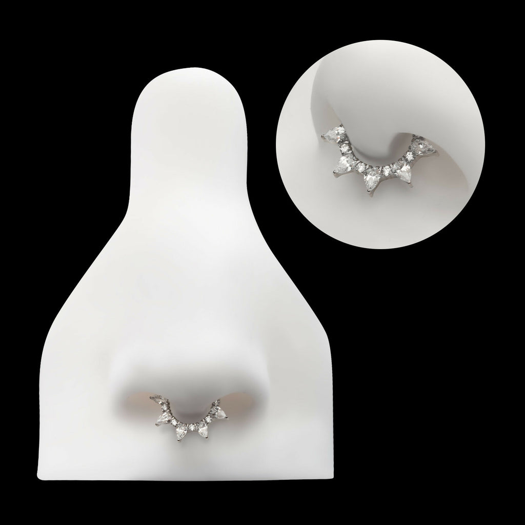 Clustered Prong Set Round & Teardrop CZ Front Facing Hinged Segment Clicker Hoop Earring / Nosering – Titanium