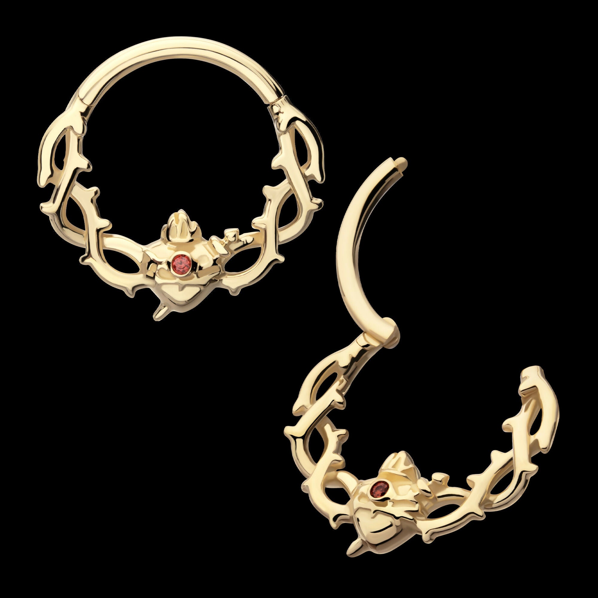 Prong Set Black Heart with Rose Vine Design Front Facing Hinged Segment Clicker Hoop Earring / Nosering – 14Kt Yellow Gold