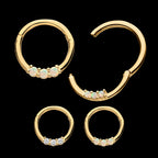Prong Set Clear CZ/White Synthetic Opal 3-Cluster Front Facing Hinged Segment Clicker Hoop Earring / Nosering – 14Kt Yellow Gold
