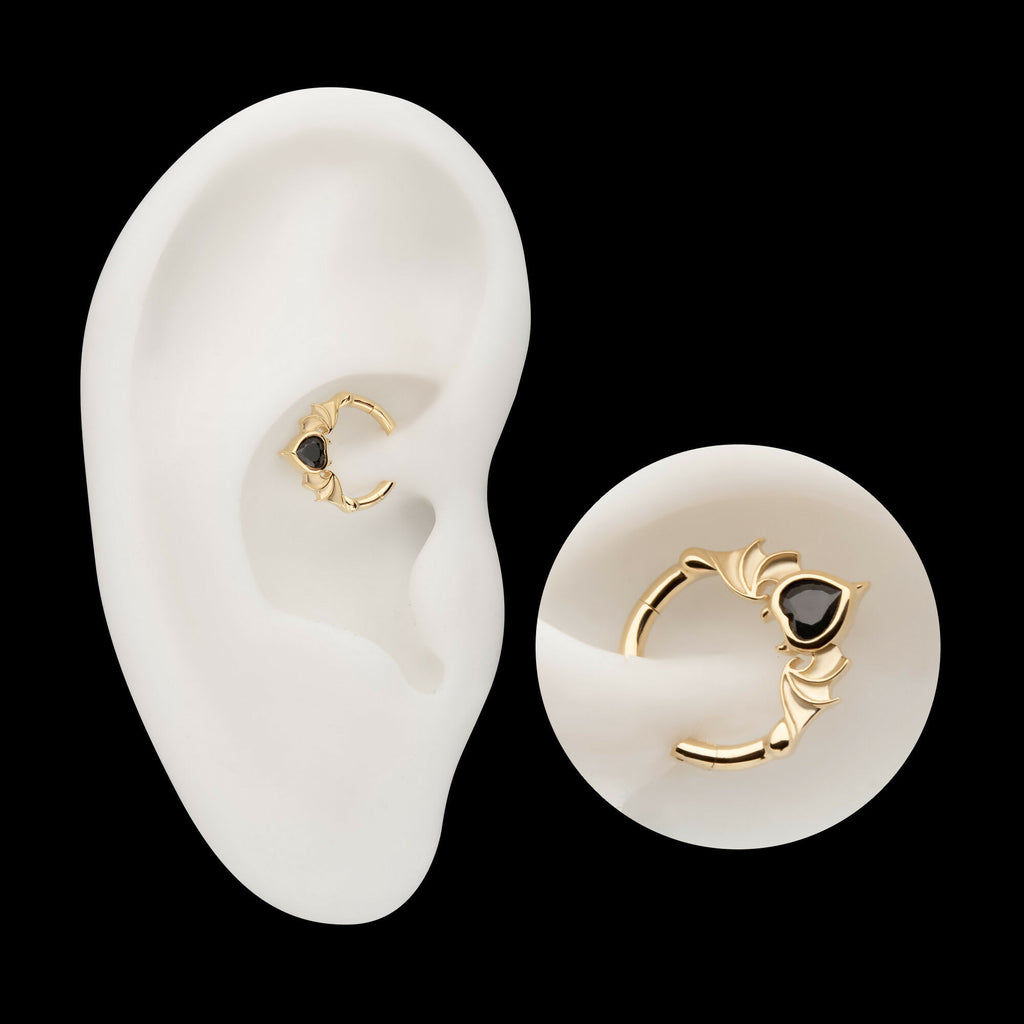 Carved Bat Wings with Devil Heart Bezel Gem Front Facing Hinged Segment Clicker Hoop Earring / Nosering – 14Kt Yellow Gold