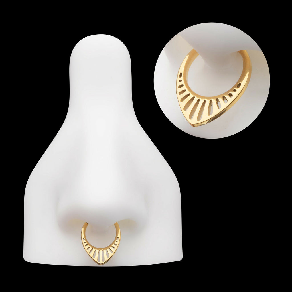24Kt Gold PVD Titanium Linear Outline Teardrop Shape Front Facing Hinged Segment Clicker Hoop Earring / Nosering
