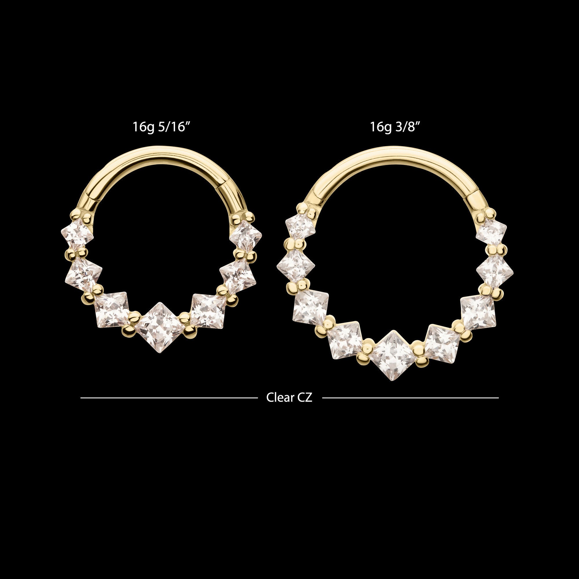 Prong Set Princess Gem Cluster Front Facing Hinged Segment Clicker Hoop Earring / Nosering – 14Kt Yellow Gold