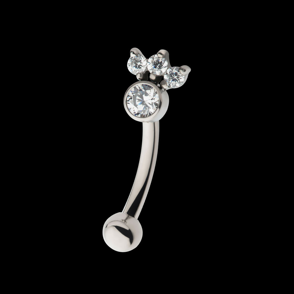 Internally Threaded with 4 Clear AAA CZ Fixed Top Curved Barbell Earring / Nosering – Titanium