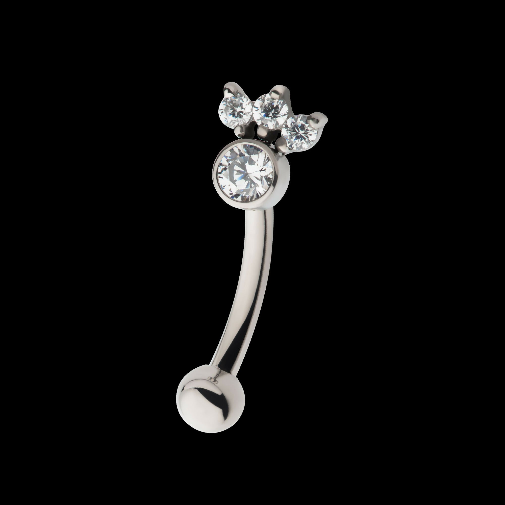 Internally Threaded with 4 Clear AAA CZ Fixed Top Curved Barbell Earring / Nosering – Titanium