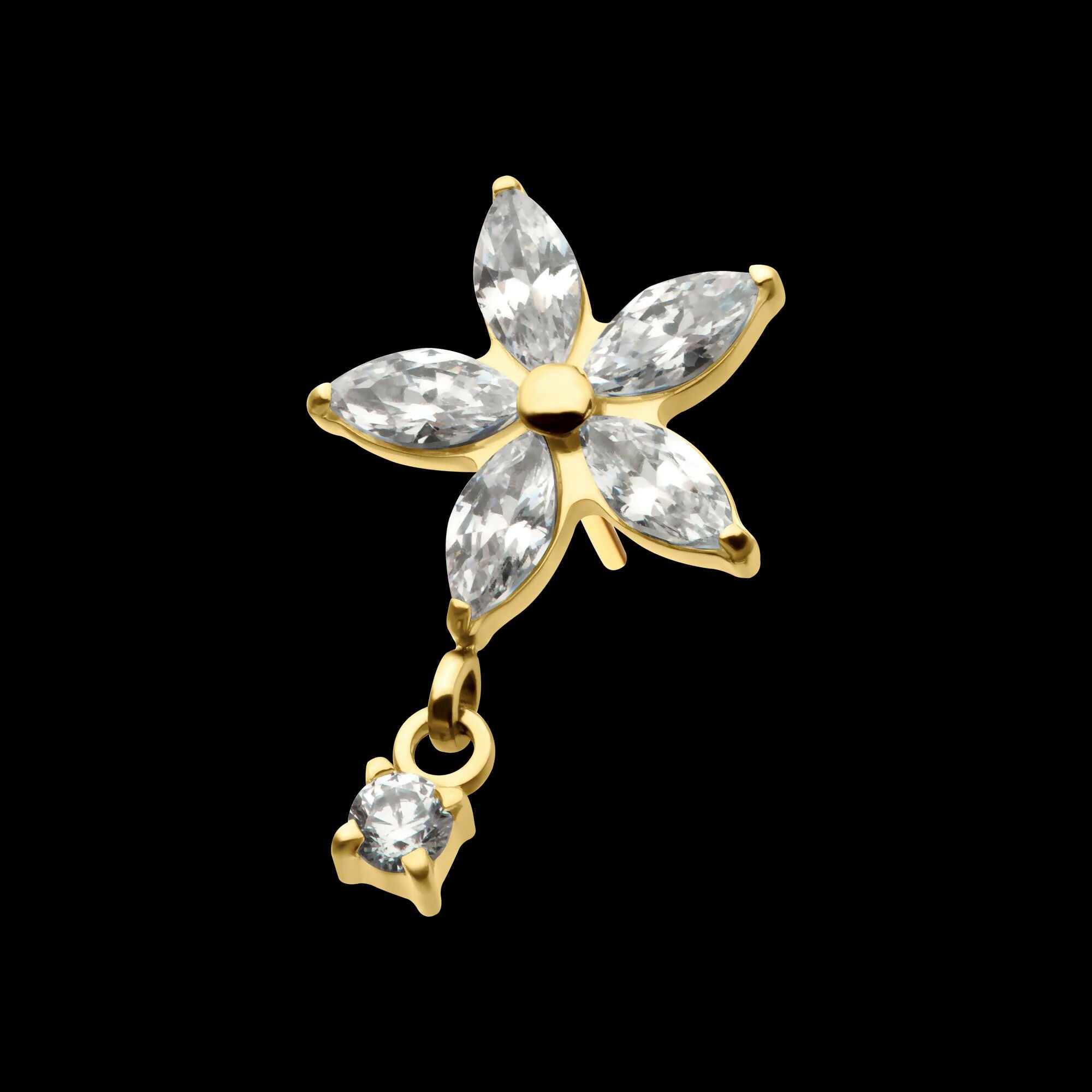 24Kt Gold PVD Titanium Threadless 5 Marquise CZ Flower Shape Top with Dangle Prong Set Round CZ