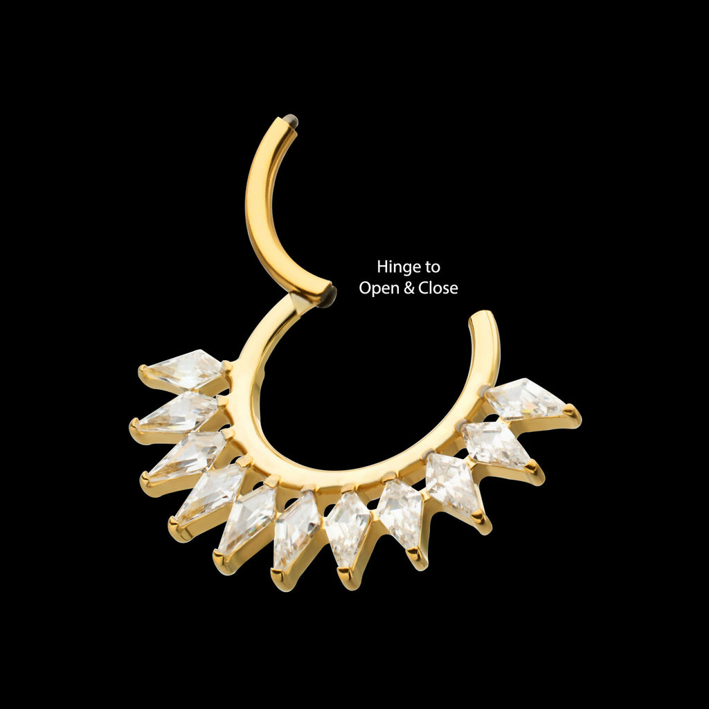 24Kt Gold PVD Titanium Kite Shape Gem Cluster Fan Front Facing Hinged Segment Clicker Hoop Earring / Nosering