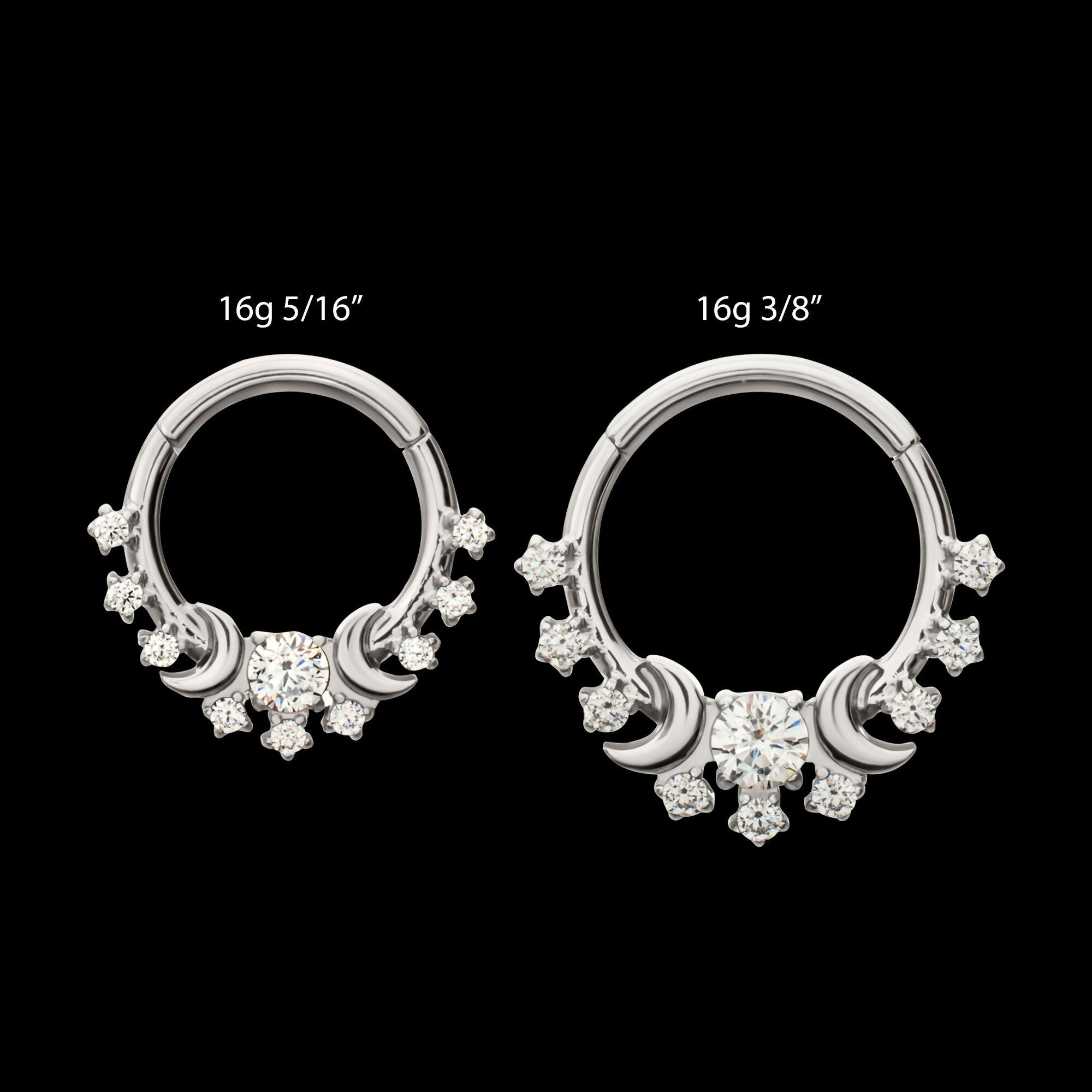 Triple Moon Phase with Prong Set Gem Cluster Front Facing Hinged Segment Clicker Hoop Earring / Nosering – Titanium