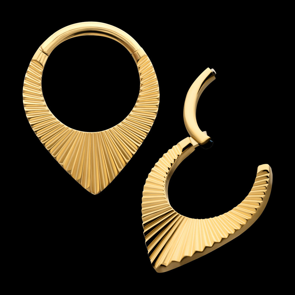 24Kt Gold PVD Titanium Radiant Teardrop Hoop Front Facing Hinged Segment Clicker Earring / Nosering