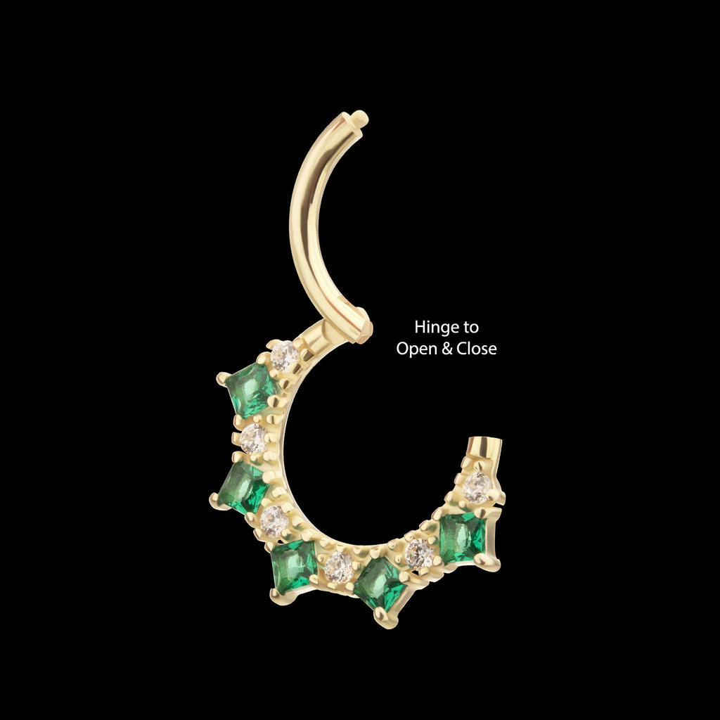 Alternating Round & Princess Cut Prong Set Gem Front Facing Hinged Segment Clicker Hoop Earring / Nosering – 14Kt Gold