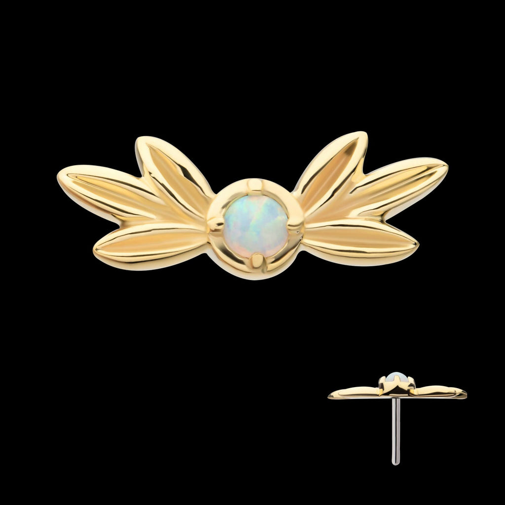 14Kt Yellow Gold Threadless Triple Leaf Edge with Prong Set Round White Opal Top