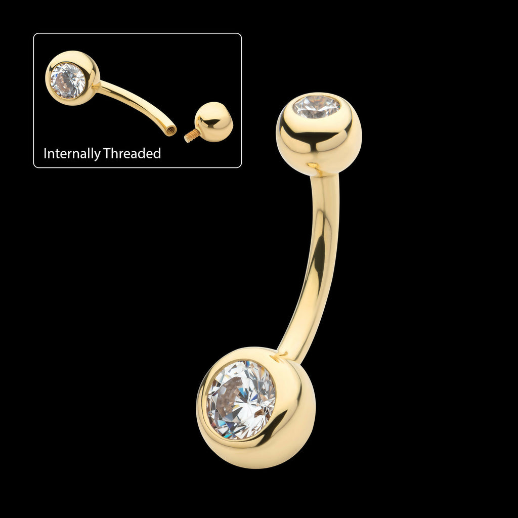 Double Bezel Clear CZ Internally Threaded Top with Fixed Bottom Navel Earring / Nosering – 14Kt Yellow Gold
