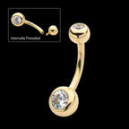 Double Bezel Clear CZ Internally Threaded Top with Fixed Bottom Navel Earring / Nosering – 14Kt Yellow Gold