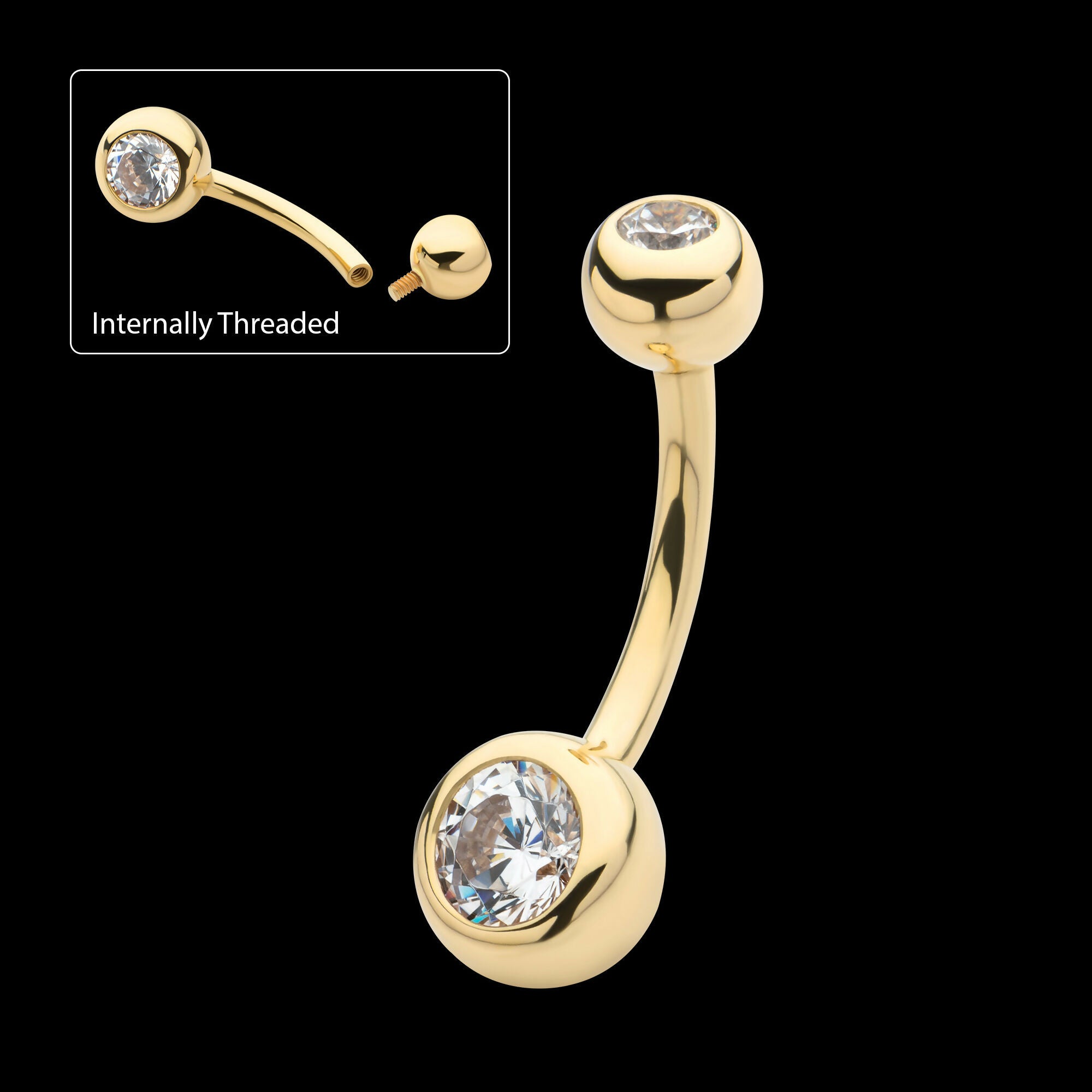 Double Bezel Clear CZ Internally Threaded Top with Fixed Bottom Navel Earring / Nosering – 14Kt Yellow Gold