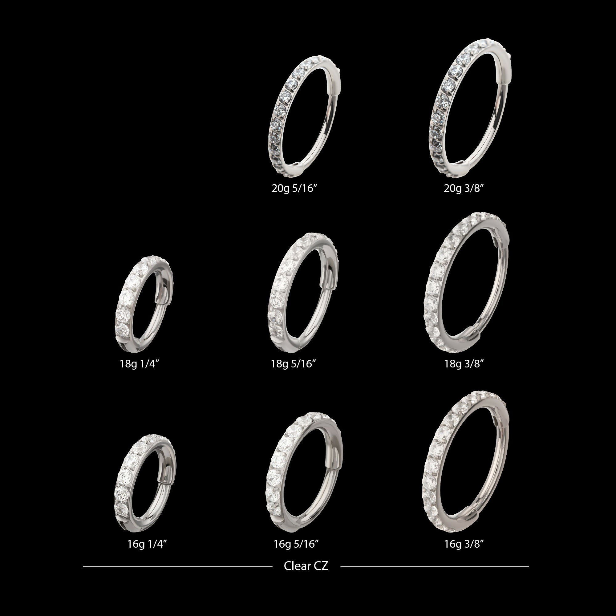 CNC Set Full Clear CZ Eternity Gem with Thicker Outer Hoop Side Facing Hinged Segment Clicker Earring / Nosering – Titanium