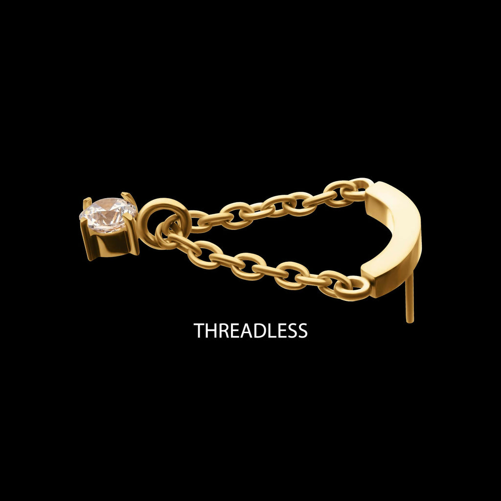 24Kt Gold PVD Titanium Threadless Curved Bar Top with Prong Set Gem Chain Dangle