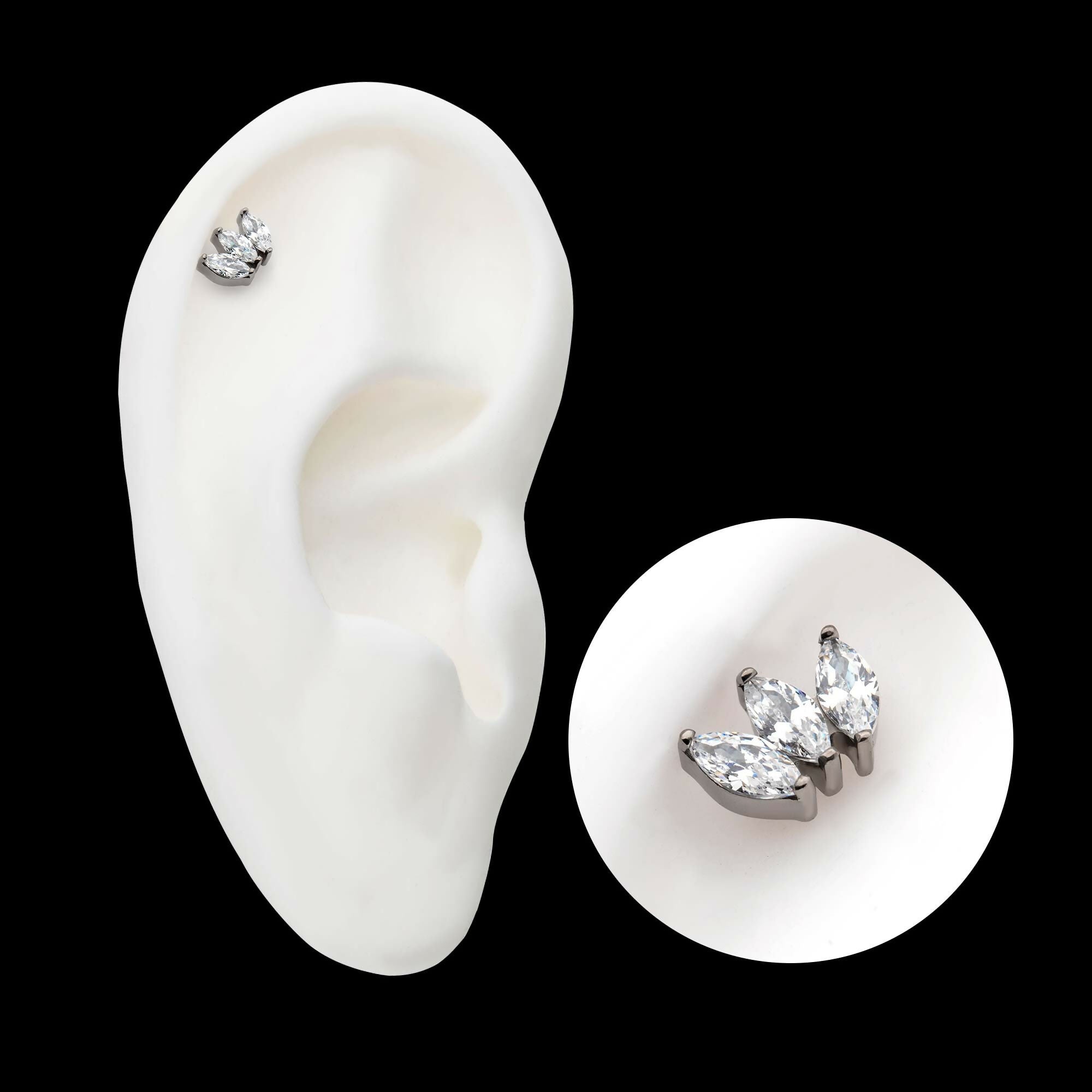 Titanium Threadless with Prong Set Marquise CZ 3-Cluster Top