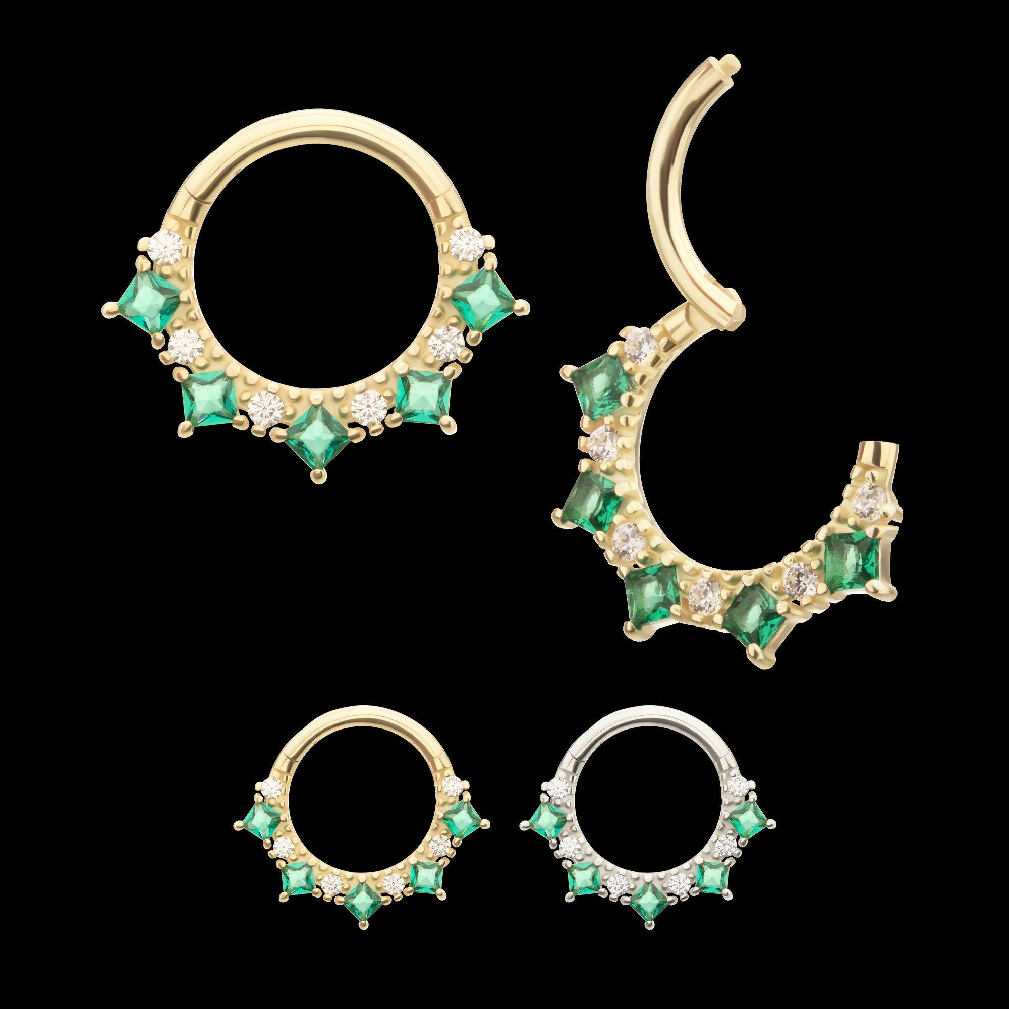 Alternating Round & Princess Cut Prong Set Gem Front Facing Hinged Segment Clicker Hoop Earring / Nosering – 14Kt Gold